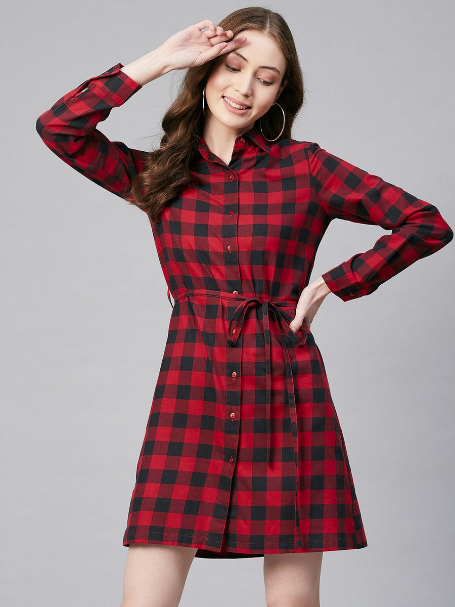 Women s Cotton Red Check Shirt Dress