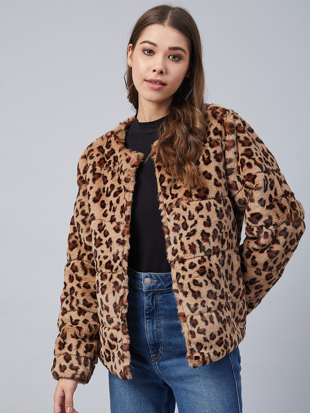 Women's Animal Print Faux Fur Open Jacket