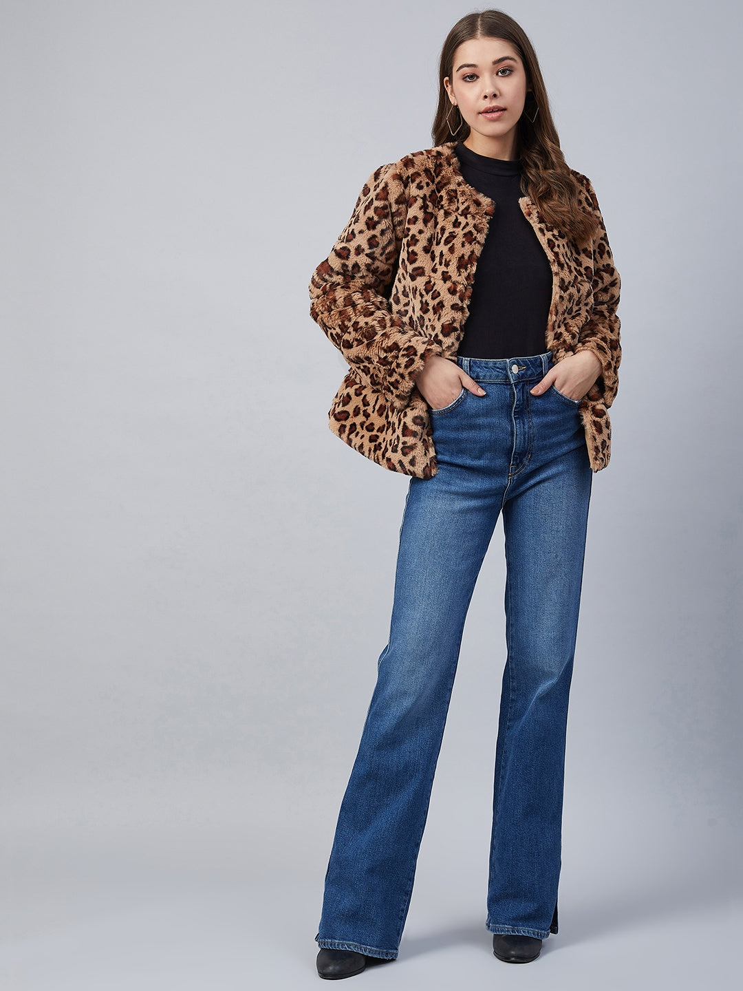 Women's Animal Print Faux Fur Open Jacket