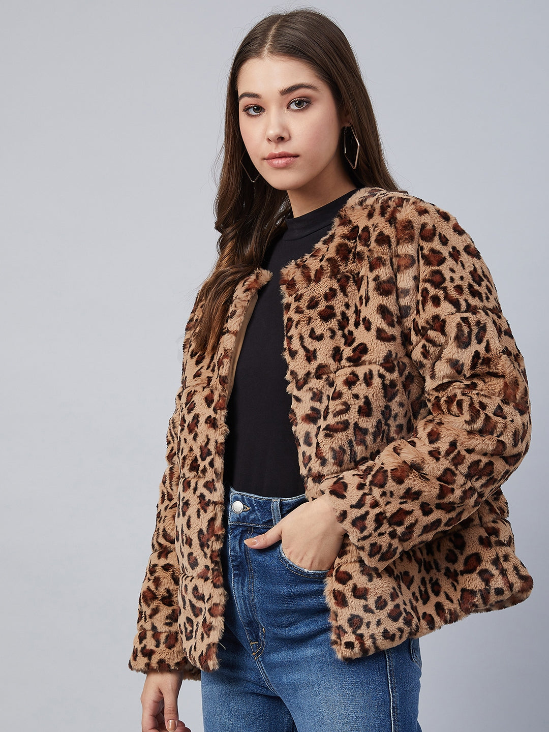 Women's Animal Print Faux Fur Open Jacket