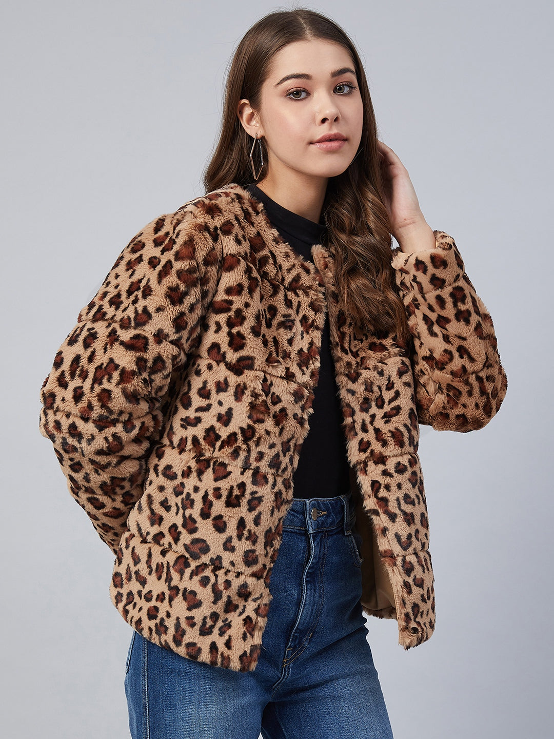 Women's Animal Print Faux Fur Open Jacket