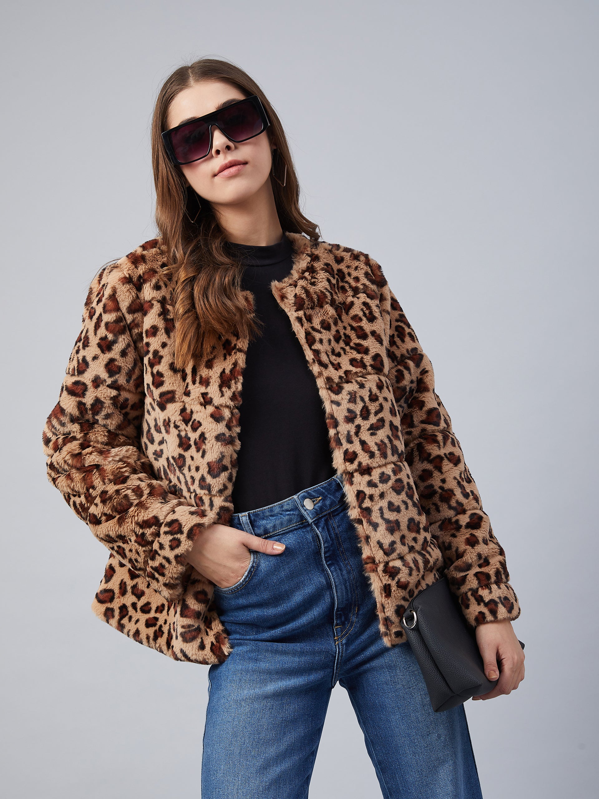 Women's Animal Print Faux Fur Open Jacket