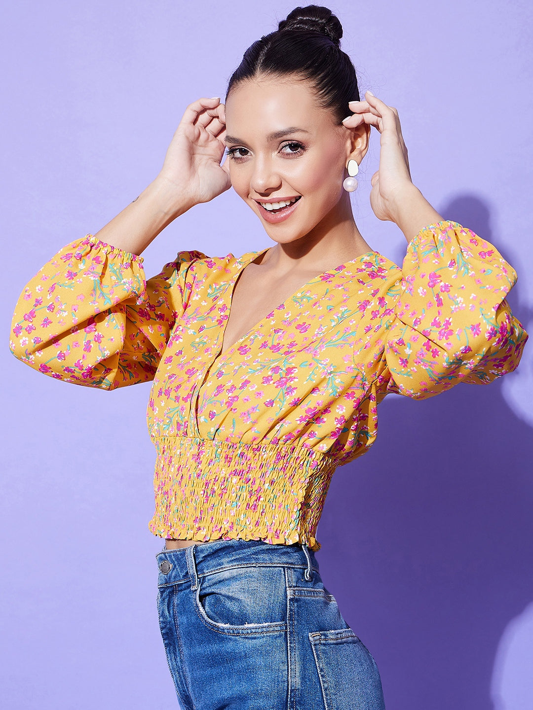 StyleStone Women's Yellow Floral Top with Smocking Detail
