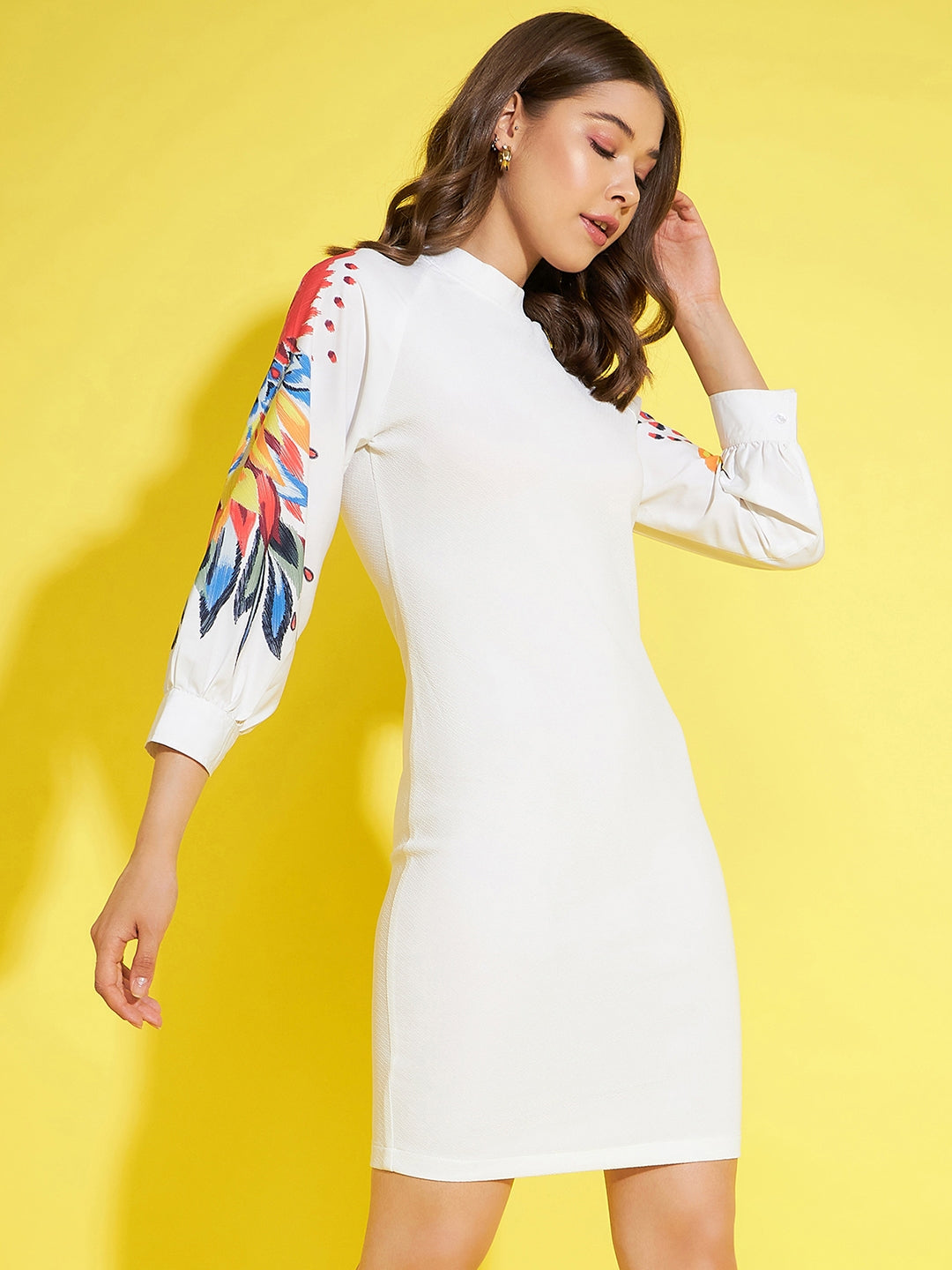 StyleStone Women's White Bodycon Dress with Multi Coloured Printed Sleeves