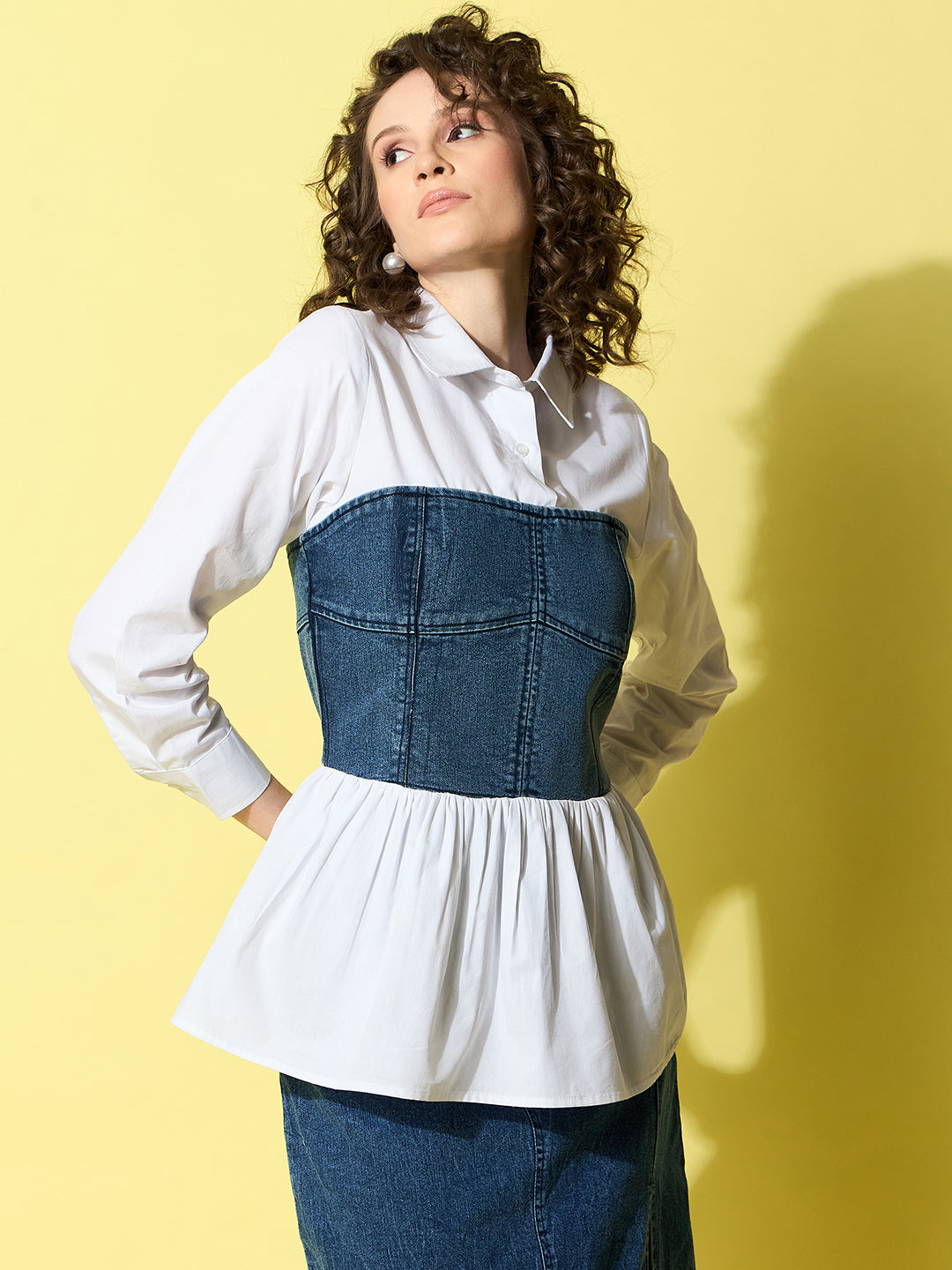 StyleStone Women's White Cotton Shirt with attached Denim Corset