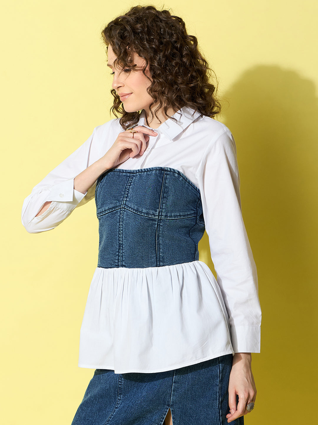 StyleStone Women's White Cotton Shirt with attached Denim Corset