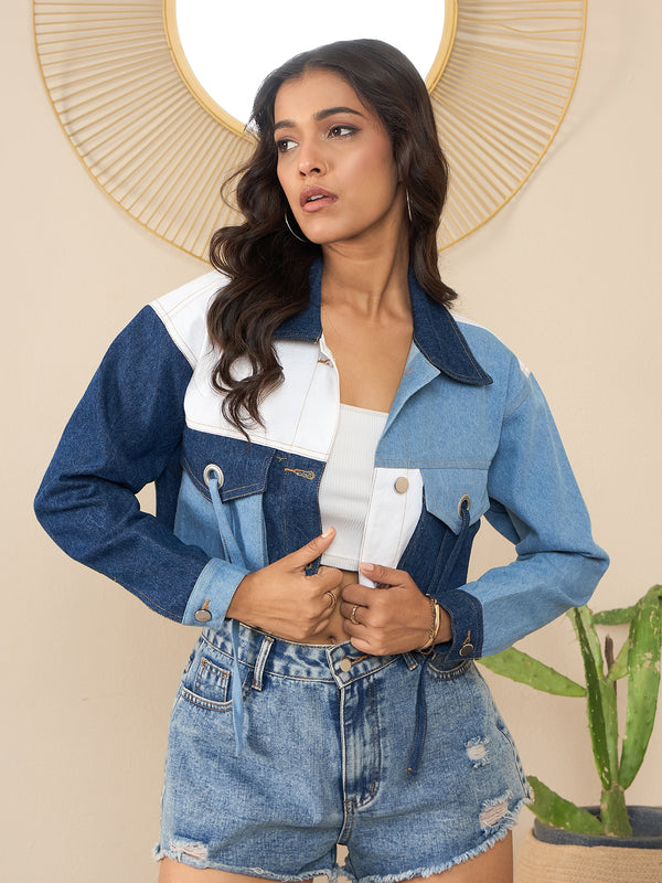 StyleStone Women's Blue Denim Crop Jacket with Color Blocking patchwork detail