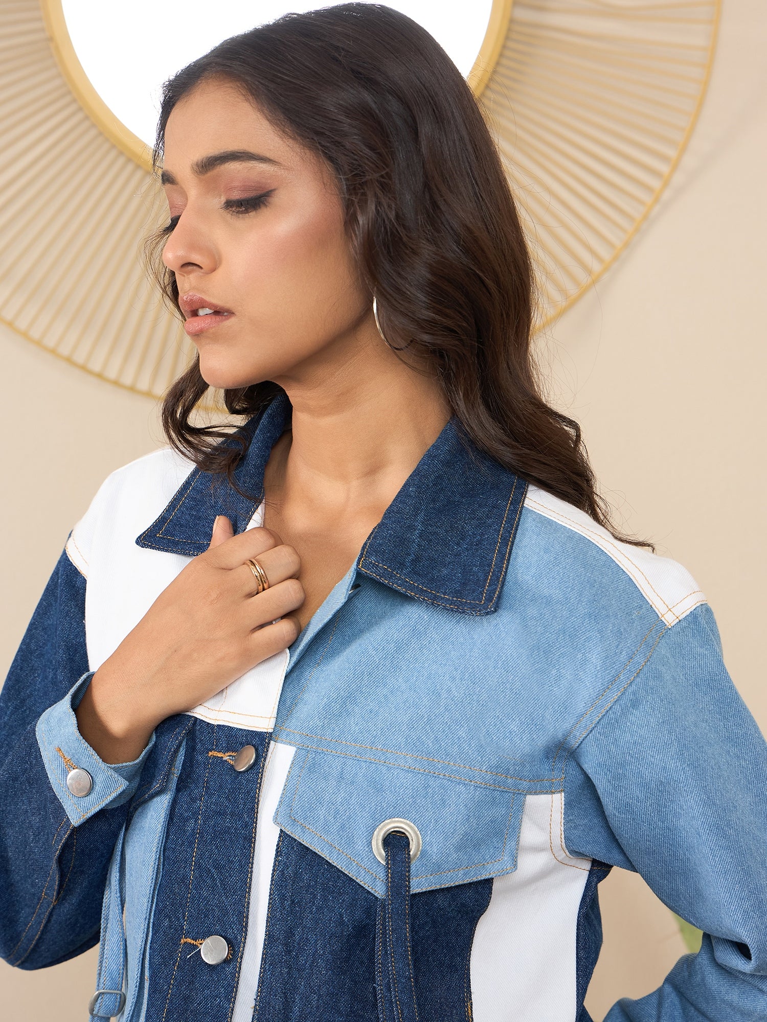 StyleStone Women's Blue Denim Crop Jacket with Color Blocking patchwork detail