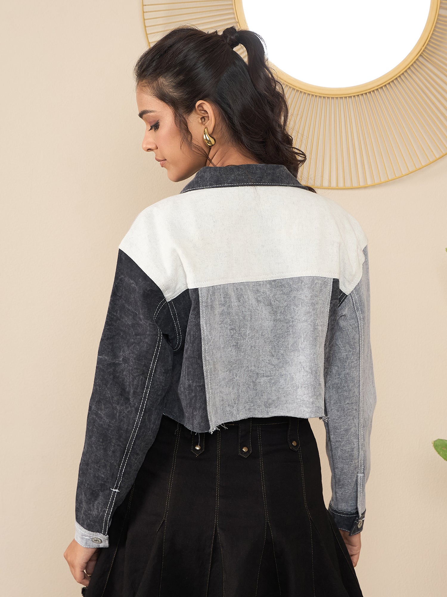 StyleStone Women's Blue Denim Crop Jacket with Color Blocking patchwork detail