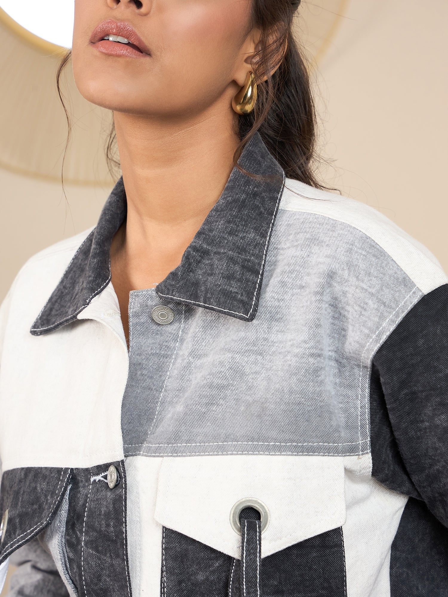 StyleStone Women's Blue Denim Crop Jacket with Color Blocking patchwork detail