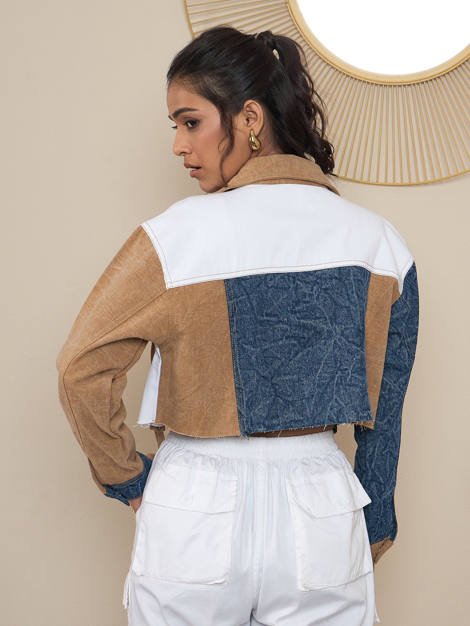 StyleStone Women's Blue Denim Crop Jacket with Color Blocking patchwork detail