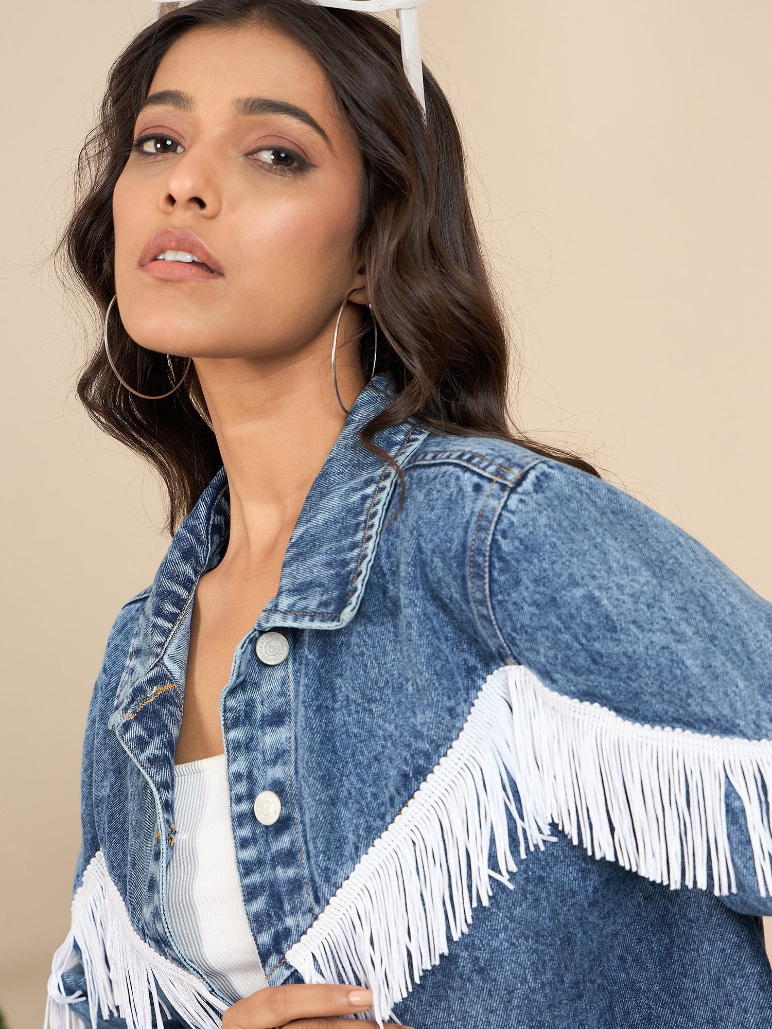 StyleStone Women's Denim Crop Jacket with Front Fringes