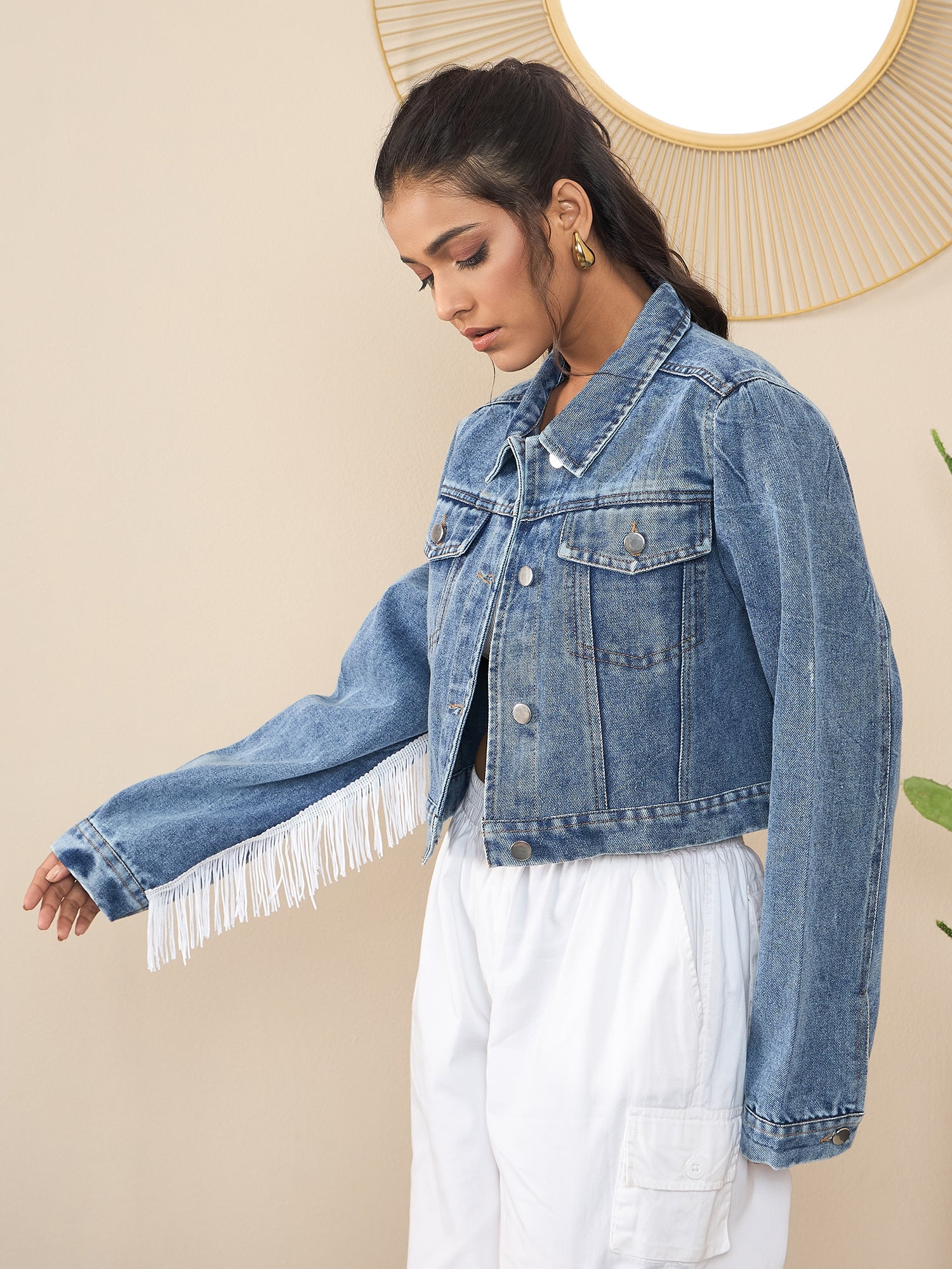 StyleStone Women's Denim Crop Jacket with Front Fringes