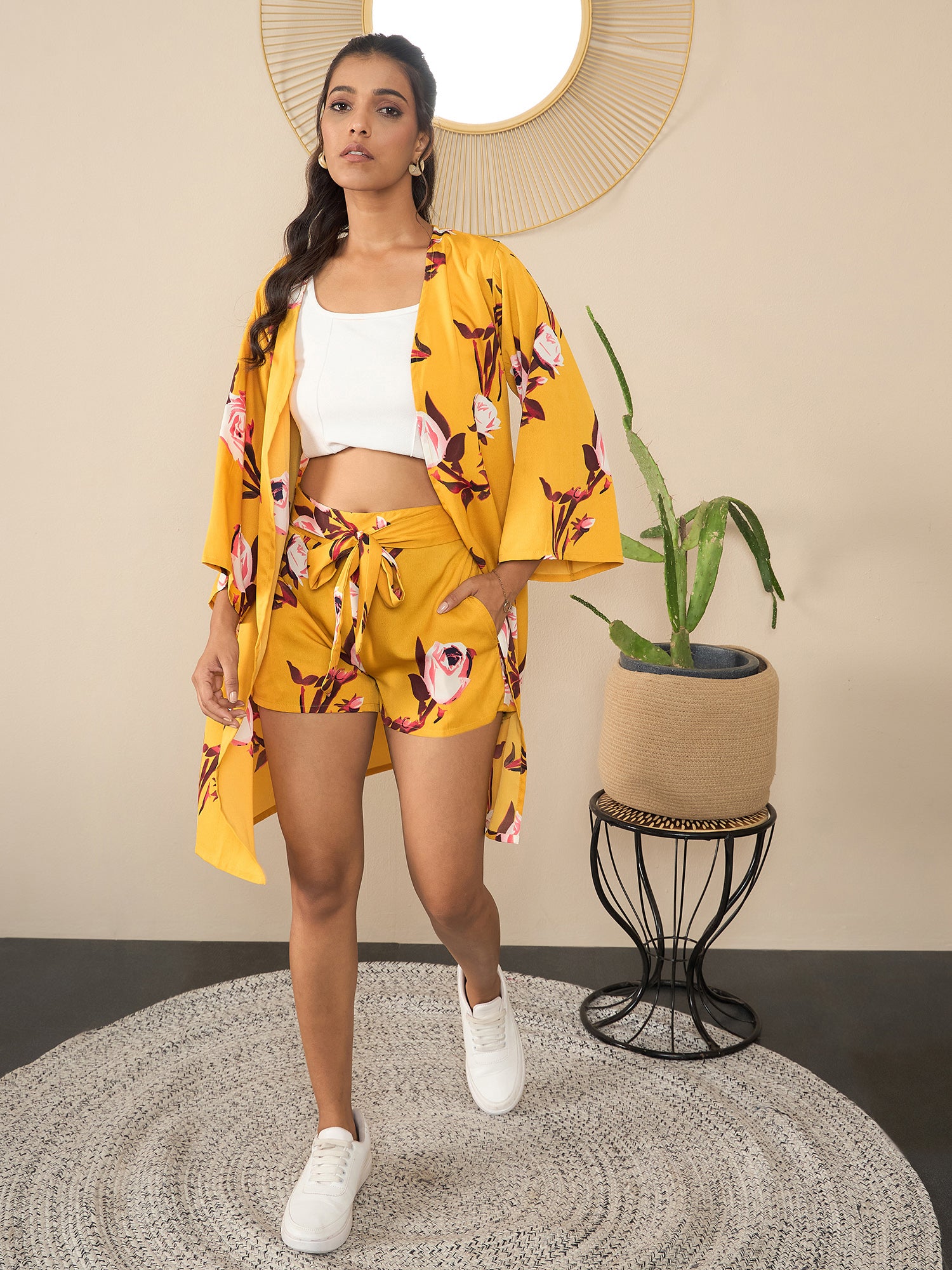 StyleStone Women's Yellow Printed Shrug & Shorts Co-Ord Set