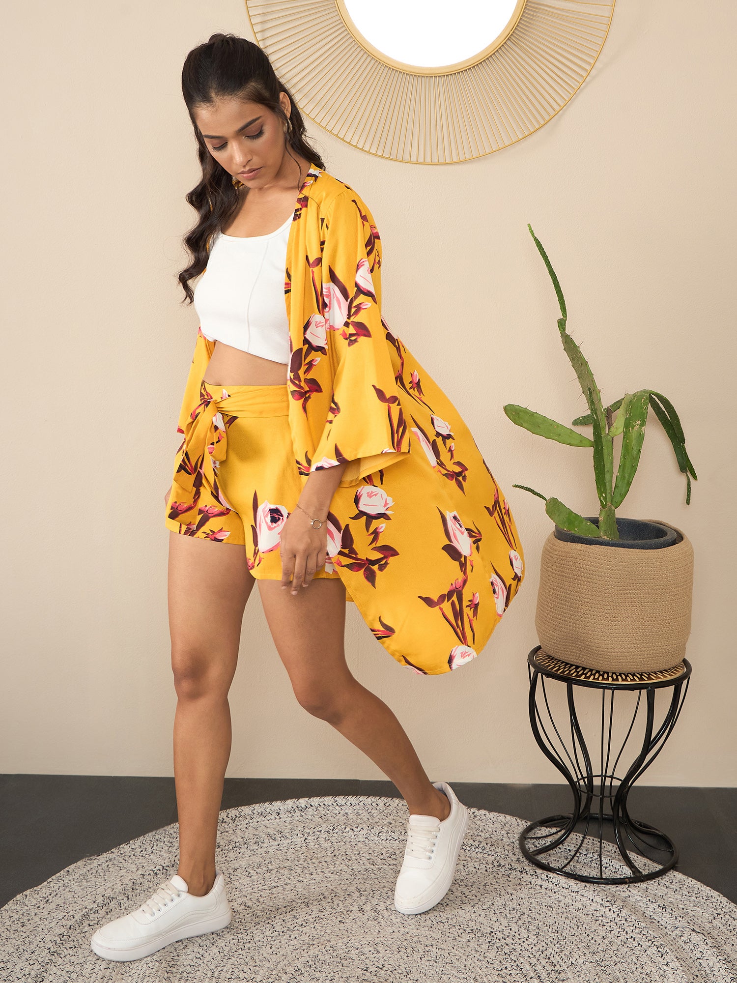 StyleStone Women's Yellow Printed Shrug & Shorts Co-Ord Set