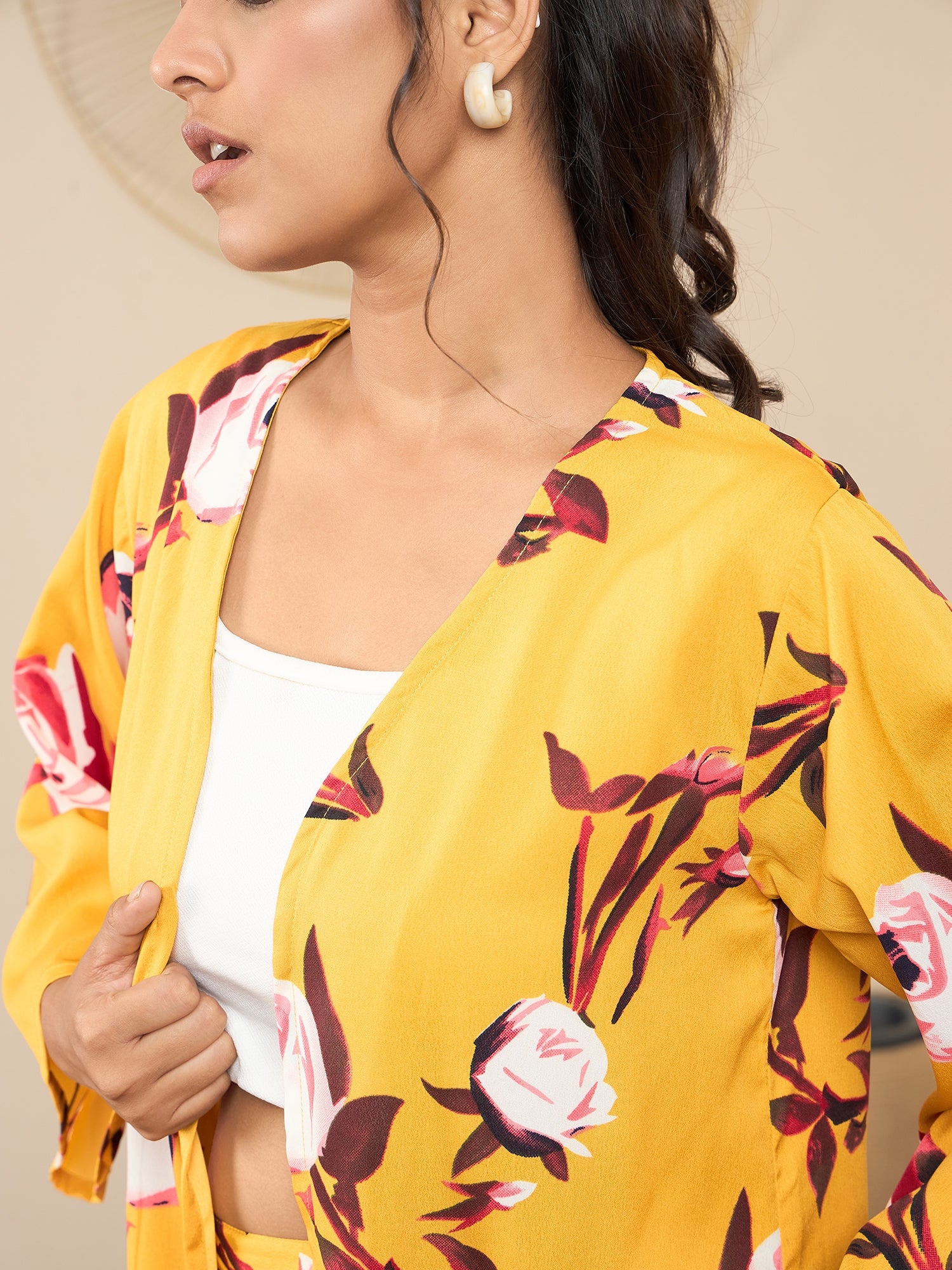 StyleStone Women's Yellow Printed Shrug & Shorts Co-Ord Set