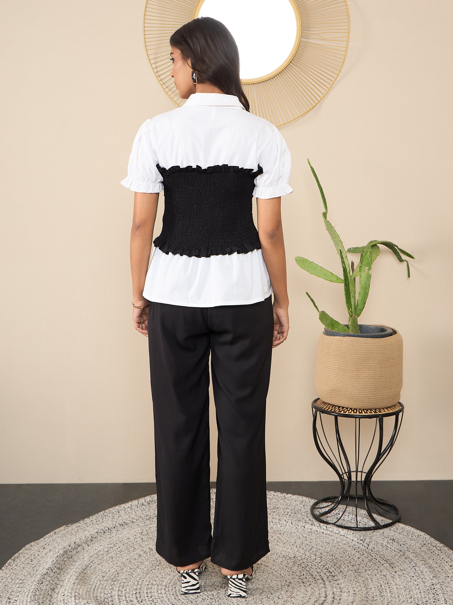 StyleStone Women's Black & White Smocked Shirt and Trouser Co-Ord Set