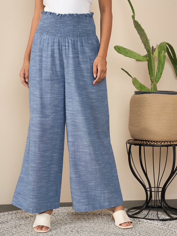 StyleStone Women's Blue Self Design Smocked Waist Pants