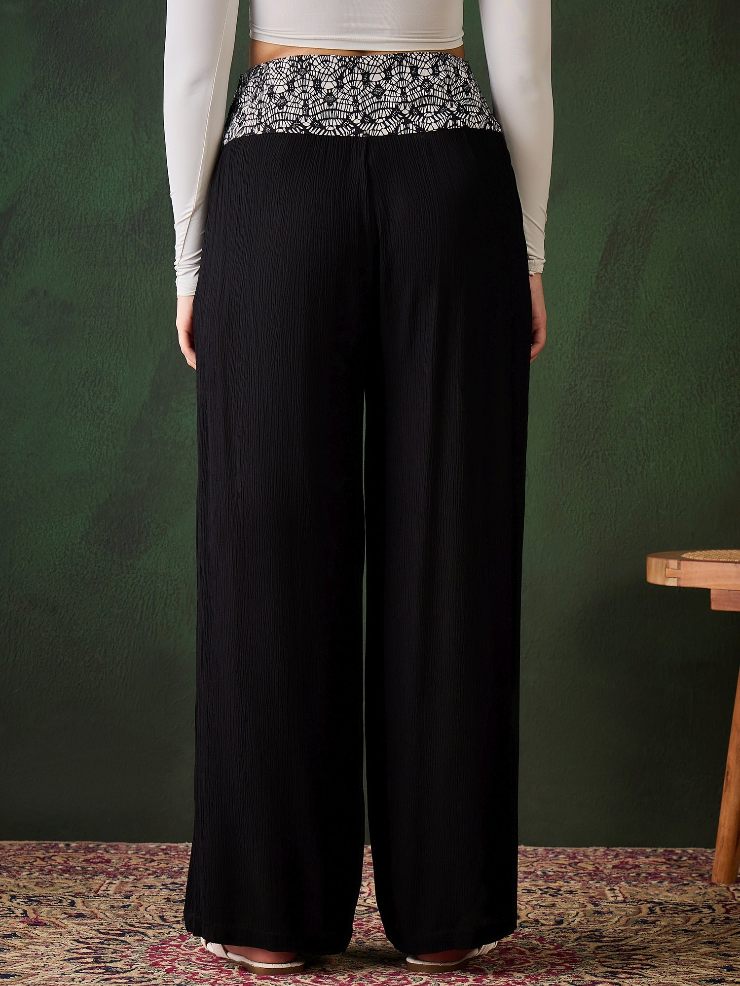 StyleStone Women's Printed Belt Black Trousers