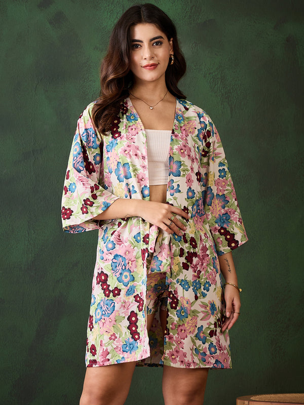 Style Stone Women's Floral Printed Crepe Shrug and Shorts Set