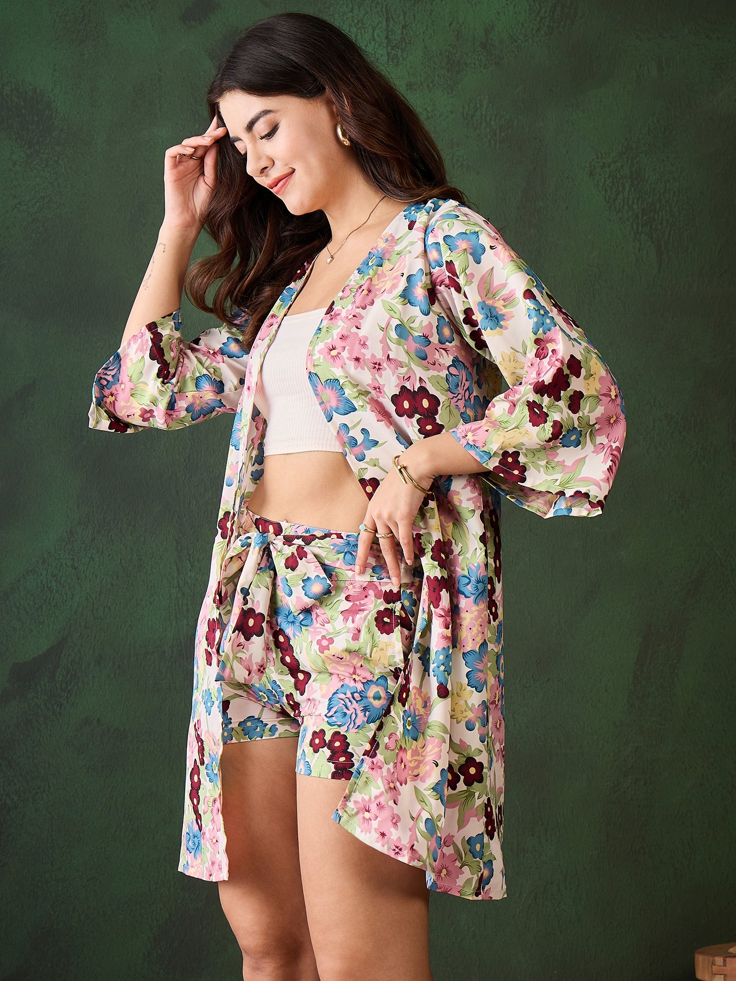 Style Stone Women's Floral Printed Crepe Shrug and Shorts Set