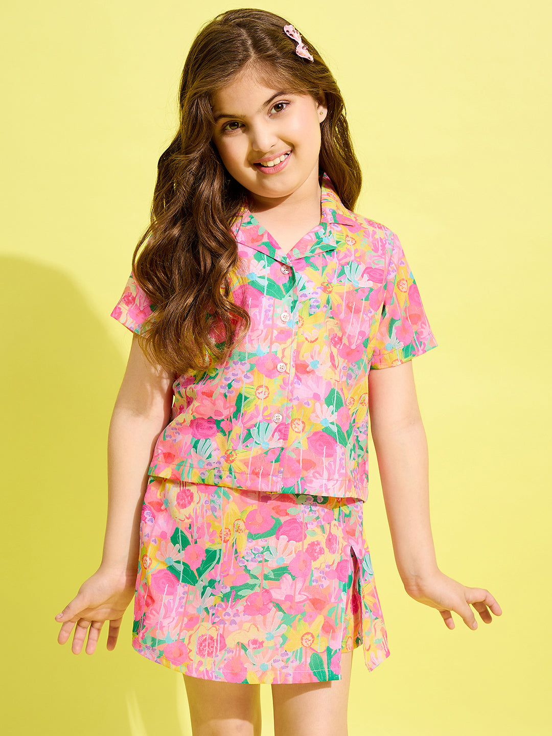 StyleStone Girls Floral Printed Shirt & Skort Set