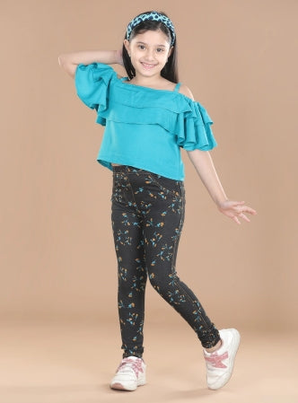 Girls Cotton Floral Printed Jegging and Blue Top Set