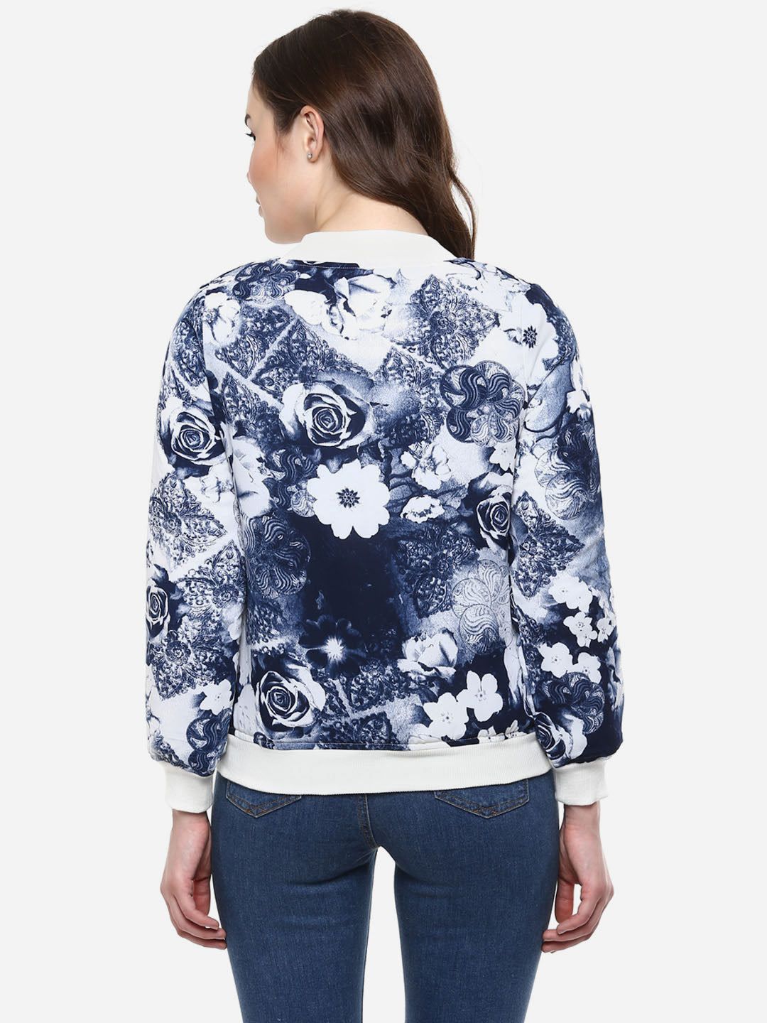 Women's Blue Floral Print Bomber Jacket