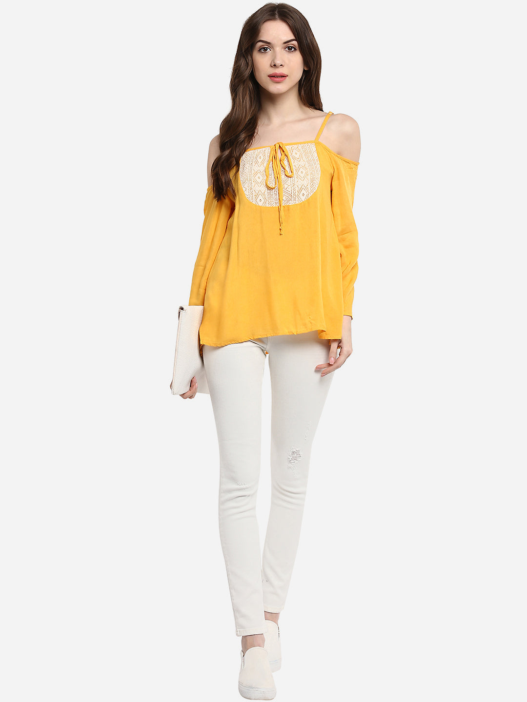 Women's Mustard Yellow Rayon Cold Shoulder Top