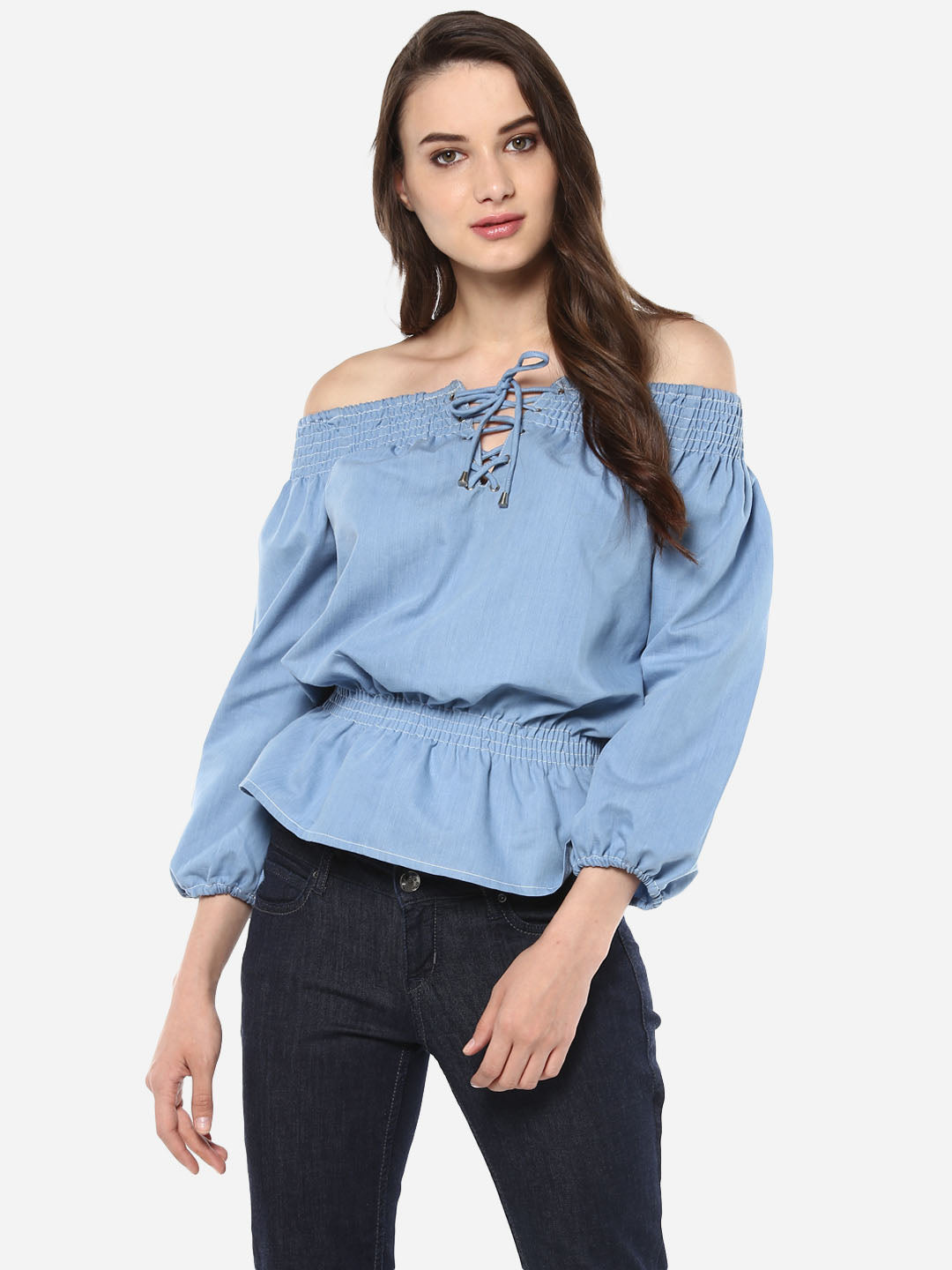 Women's Denim Off Shoulder Lace Up Top