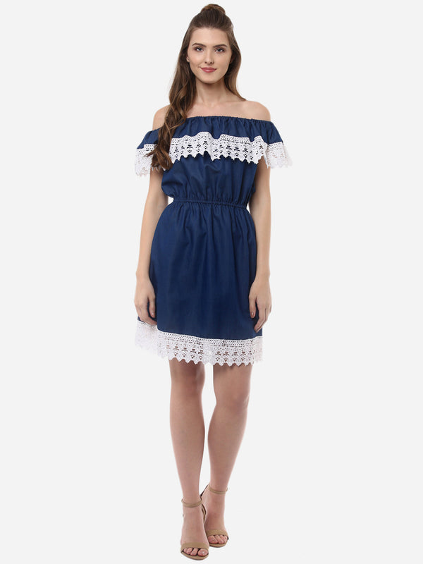 Women's OffShoulder Denim Dress with Lace Inserts