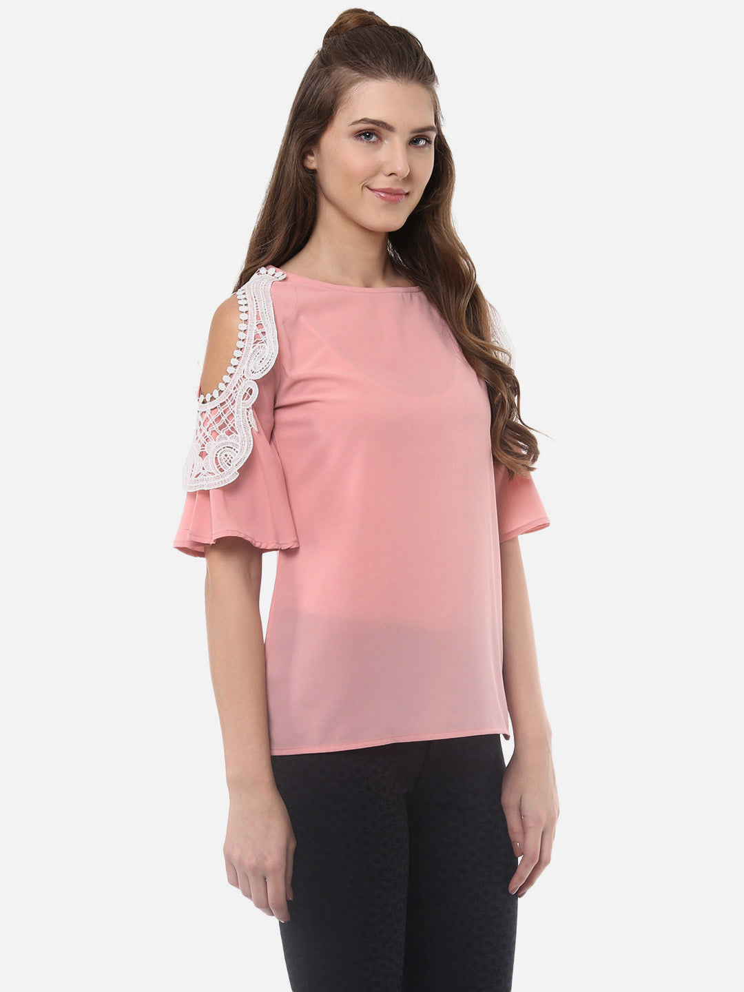 Women's Pink Polyester Top with Lace on the shoulder