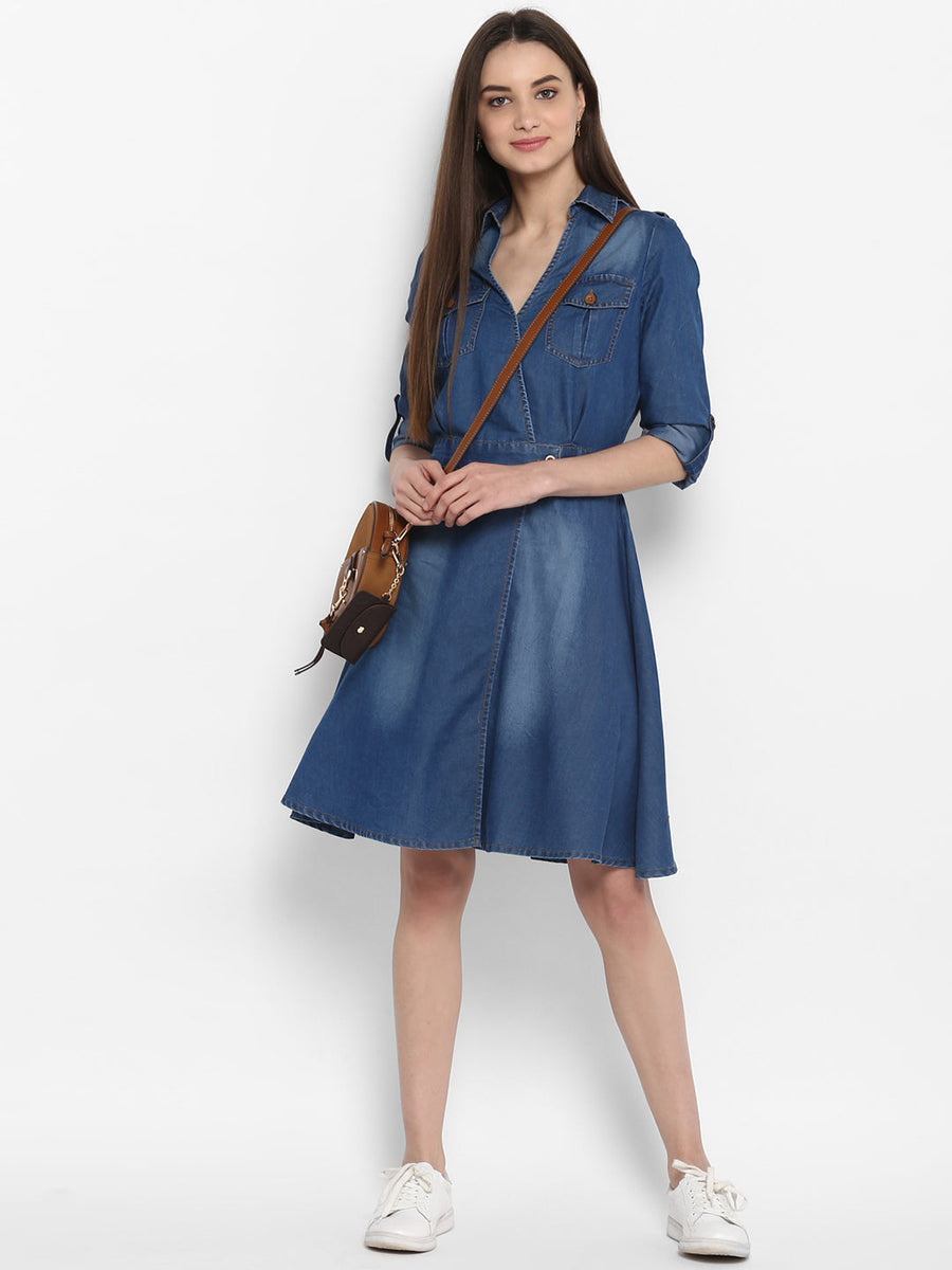 Women's Denim Knee Length Dress with Buttons – Stylestone