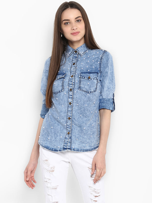 Women's Denim Shirt with Pearl Embellishments