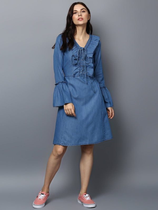 Women's Denim Draw String and Bell Sleeve Dress