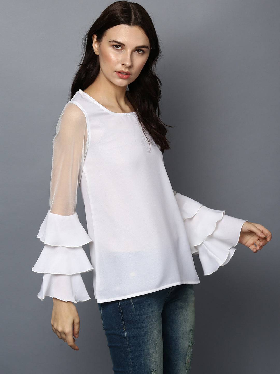 Women's White Net Tier Sleeve Top