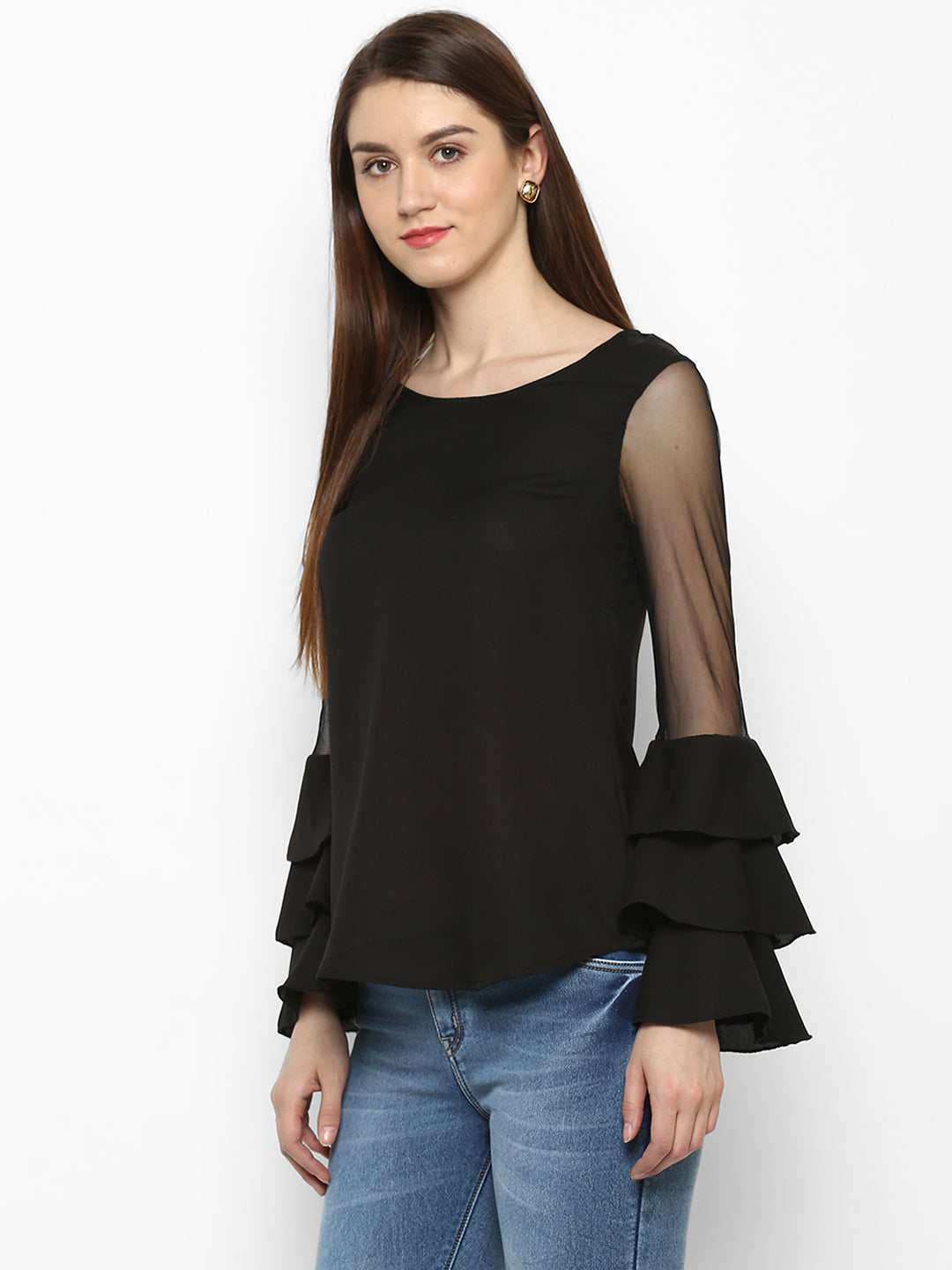 Women's Black Net Tier Sleeve Top