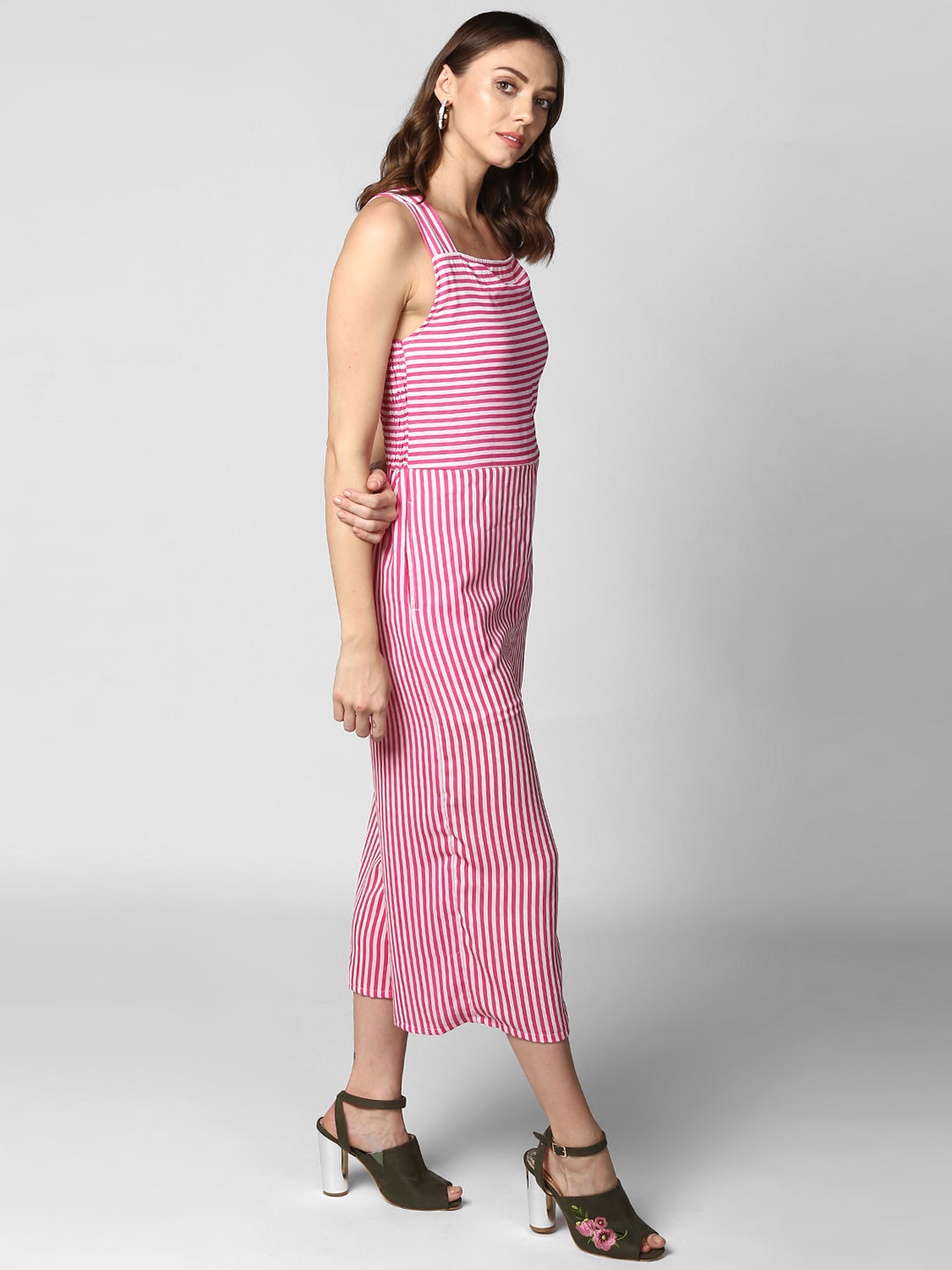 Women's Pink Stripe Jumpsuit with Cross Tie Up Back