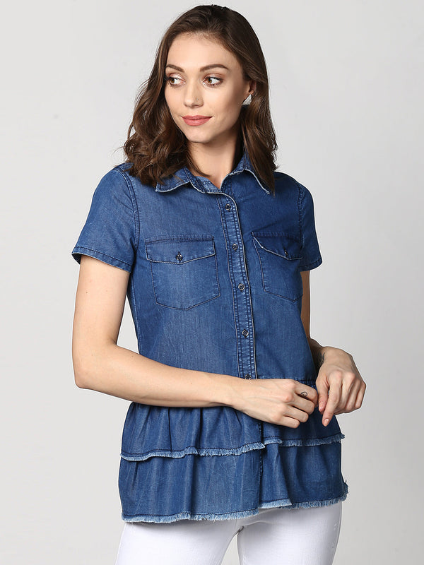 Women's Navy Blue Denim Peplum Top cum Shirt