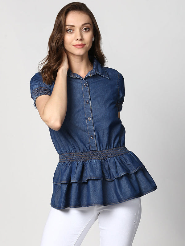 Women's Navy Blue Denim Peplum Top cum Shirt with elasticated waistband