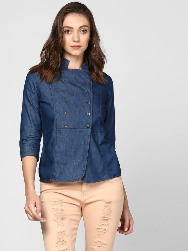 Women's Blue Denim Double Breast Style Top