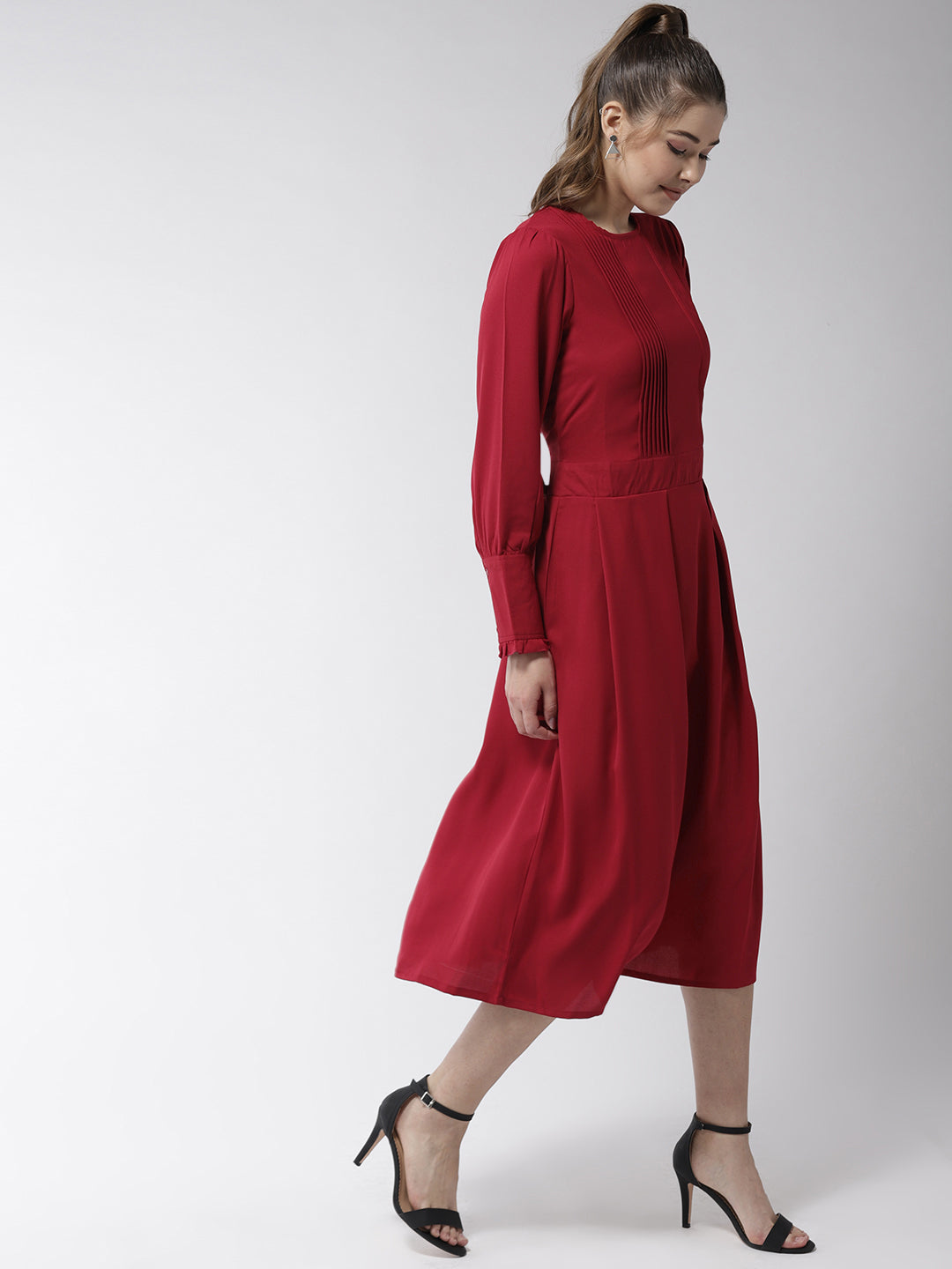 Women's Red Polyester Moss pintuck and pleated Midi dress