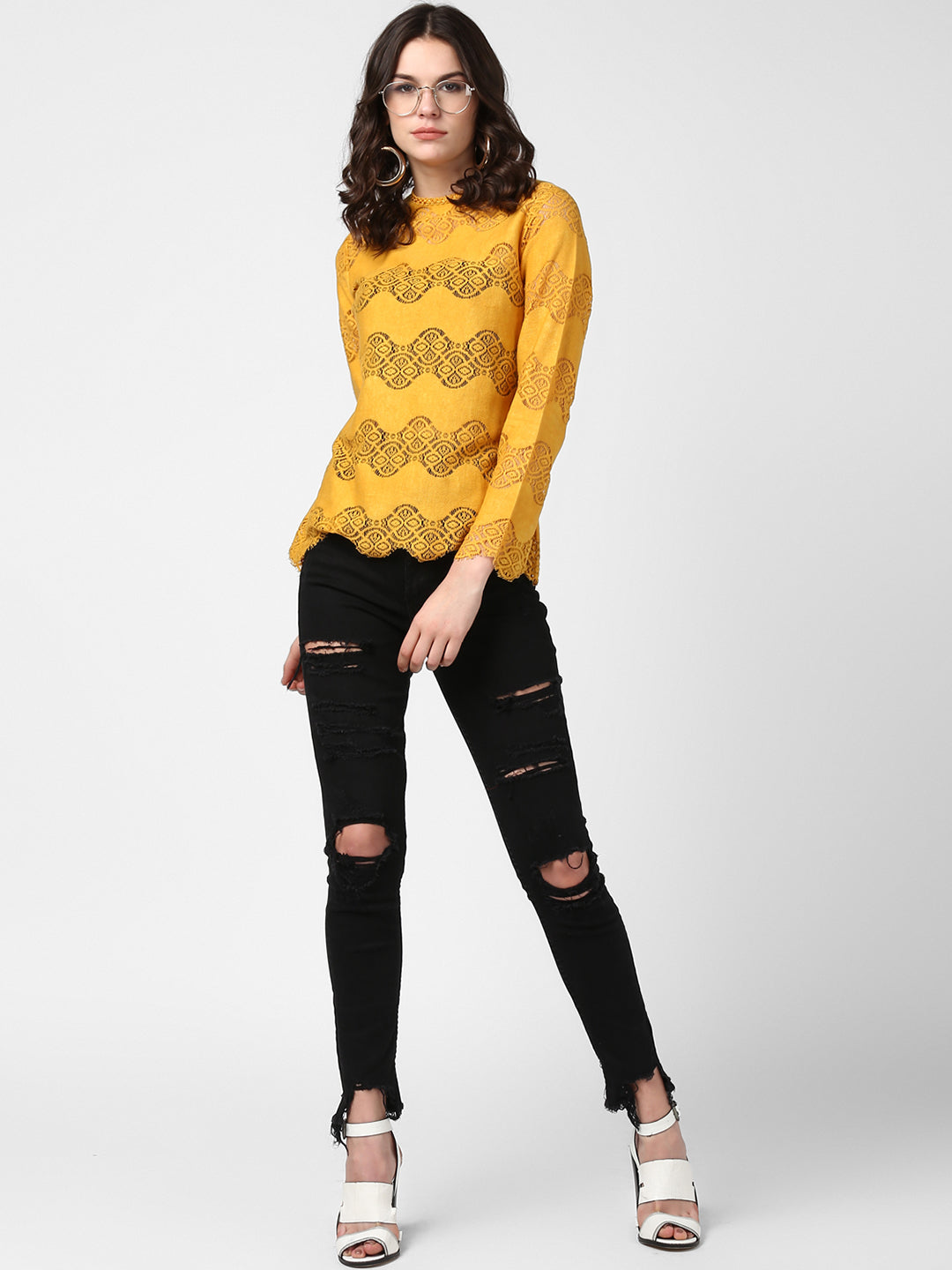 Women's Mustard Yellow Self Detail Lace Top