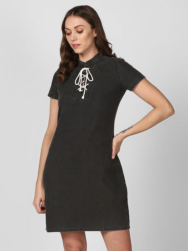 Women's Black Denim Dress with White Drawstring