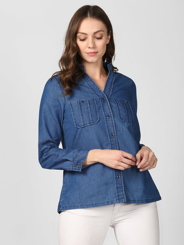 Women's Blue Denim Top cum shirt with striped pocket detail