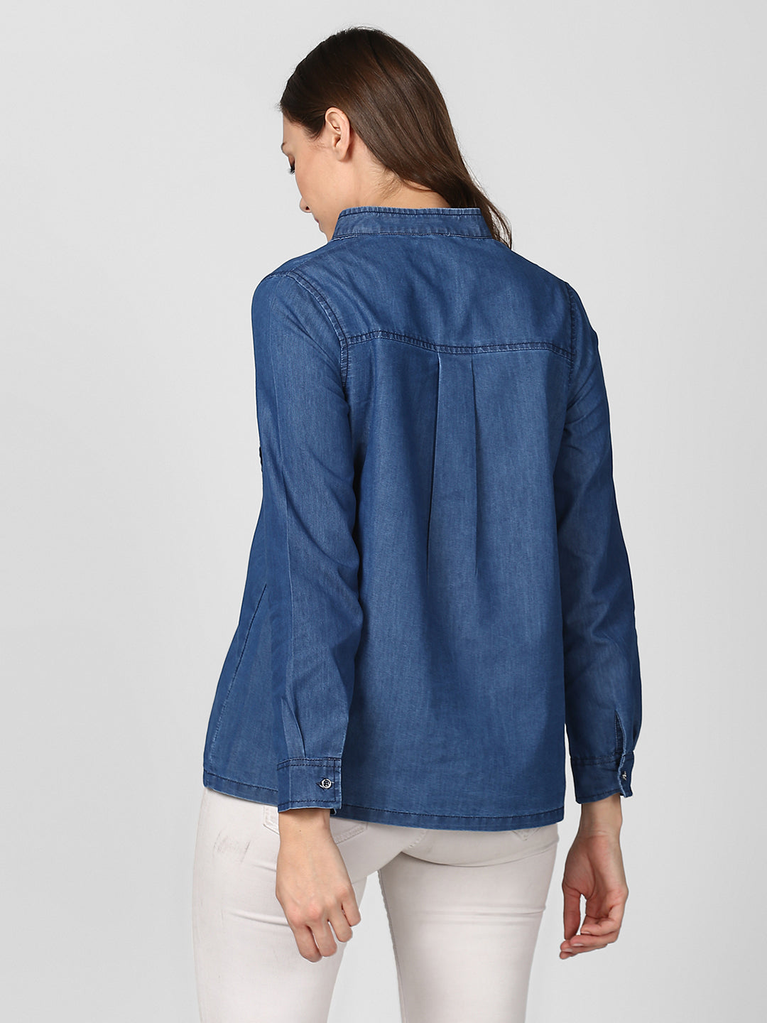 Women's Blue Denim Top cum shirt with striped pocket detail