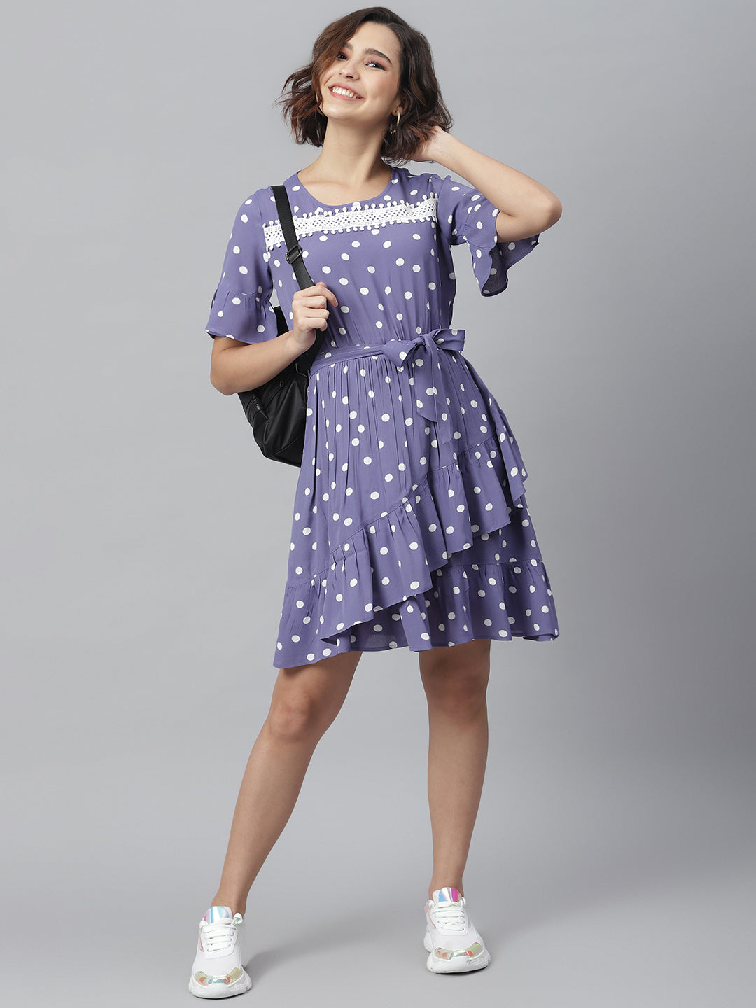 Women's Lavender Polka Dress with Lace detail