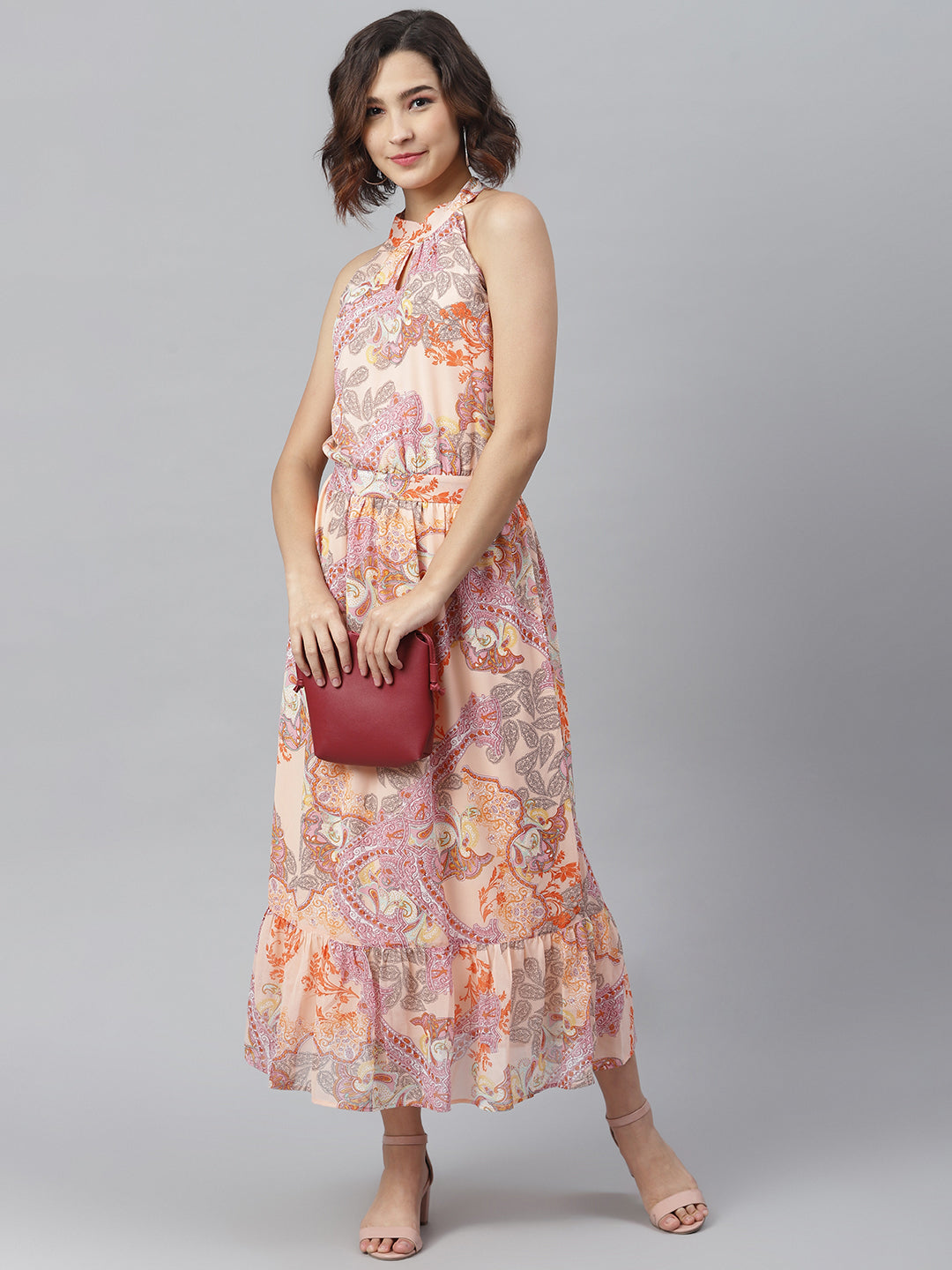 Women's Peach Printed Maxi Dress