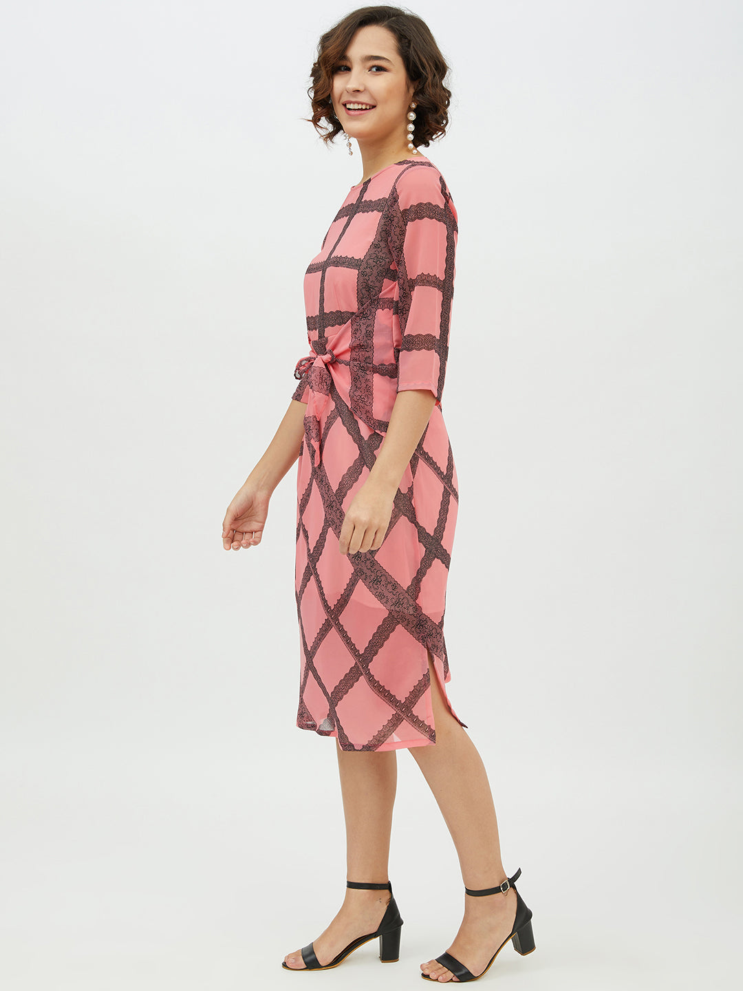 Women's Pink Check front Tie Knot Midi Dress