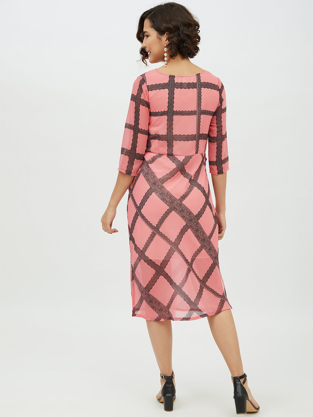 Women's Pink Check front Tie Knot Midi Dress